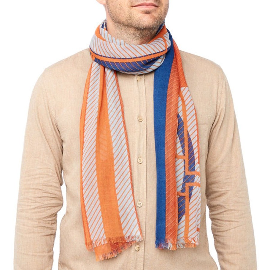 Draeger Paris Foulard Imprime Art Deco - Orange - Homme - 70X180 Cm - Draeger Online