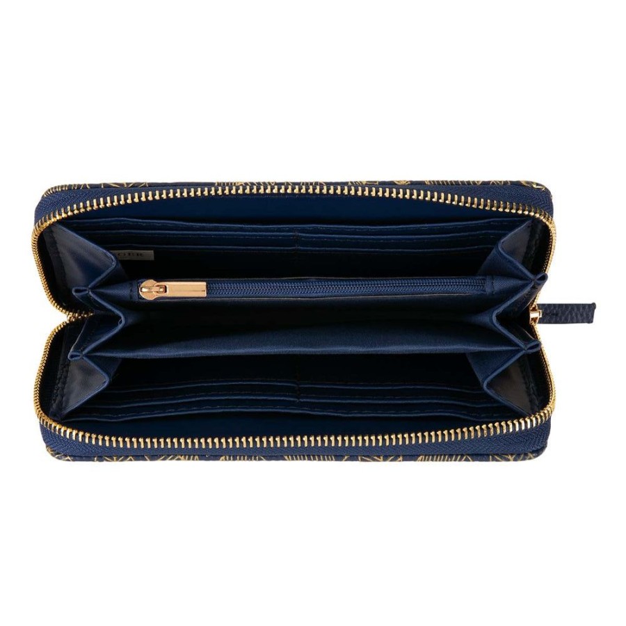 Draeger Paris Grand Portefeuille Femme - Feuilles Dorees - Bleu Marine Clearance