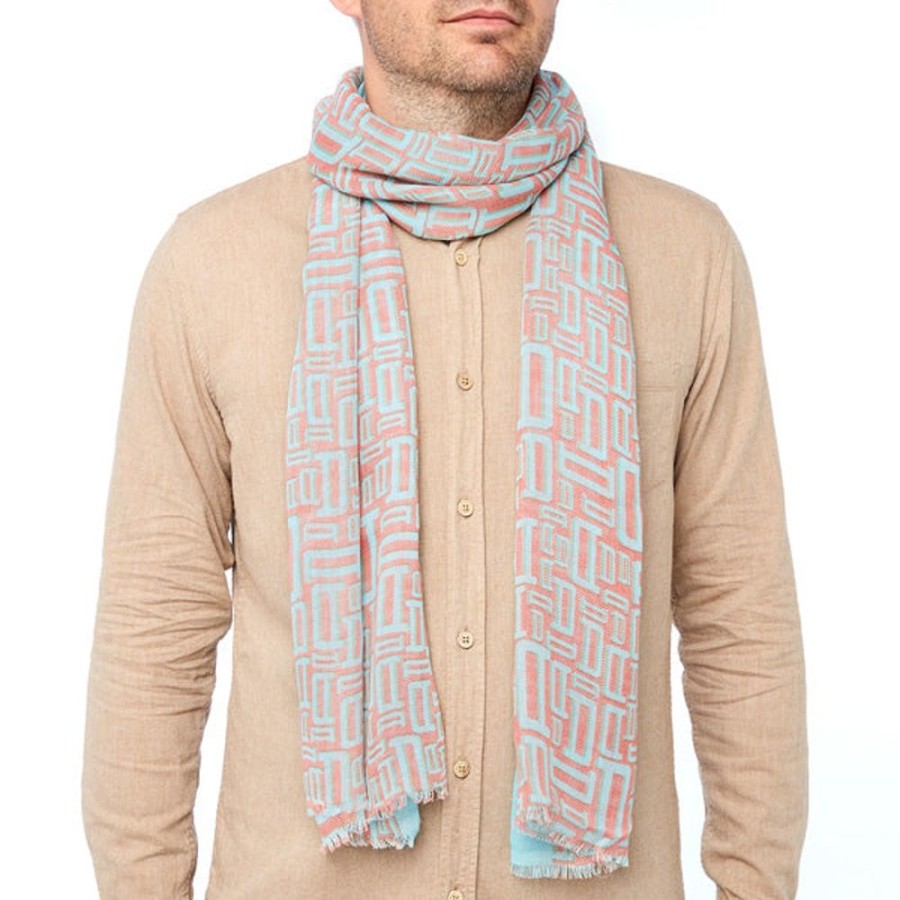 Draeger Paris Foulard Imprime Signature Draeger - Menthe Et Corail - Homme - 70X180 Cm - Draeger Hot